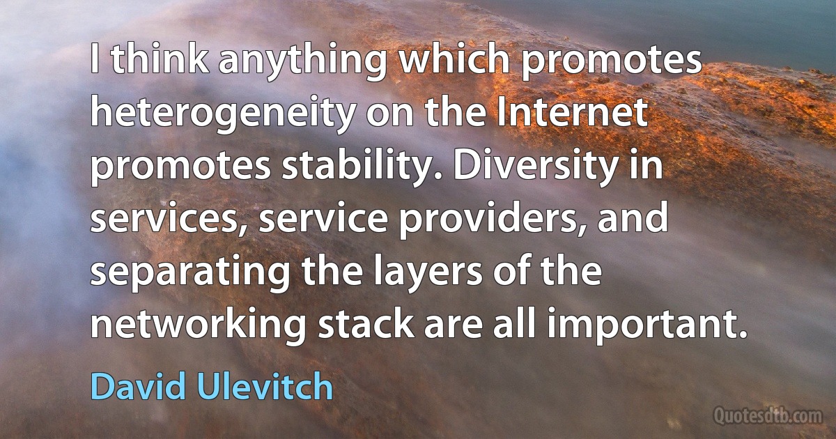 I think anything which promotes heterogeneity on the Internet promotes stability. Diversity in services, service providers, and separating the layers of the networking stack are all important. (David Ulevitch)