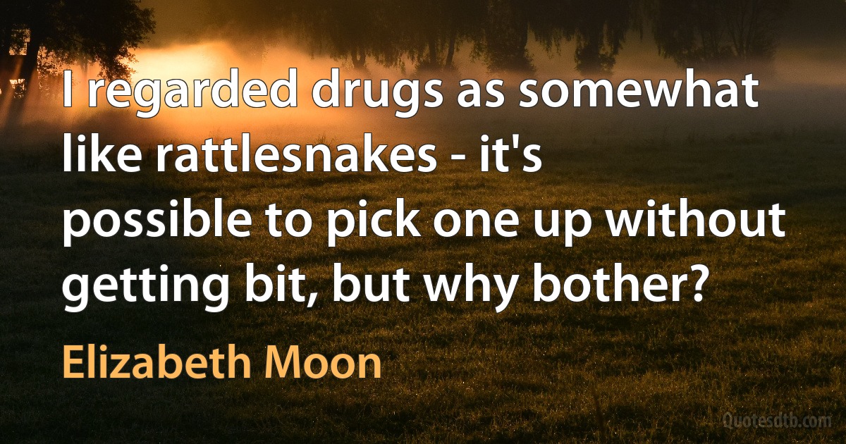 I regarded drugs as somewhat like rattlesnakes - it's possible to pick one up without getting bit, but why bother? (Elizabeth Moon)