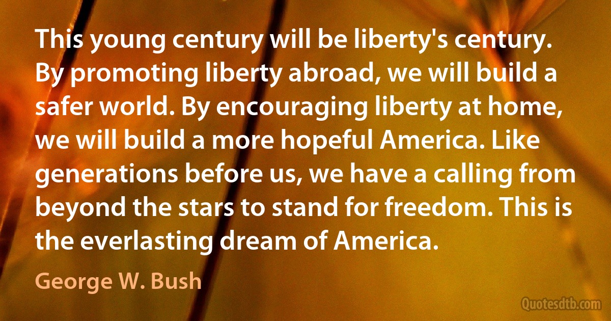 This young century will be liberty's century. By promoting liberty abroad, we will build a safer world. By encouraging liberty at home, we will build a more hopeful America. Like generations before us, we have a calling from beyond the stars to stand for freedom. This is the everlasting dream of America. (George W. Bush)