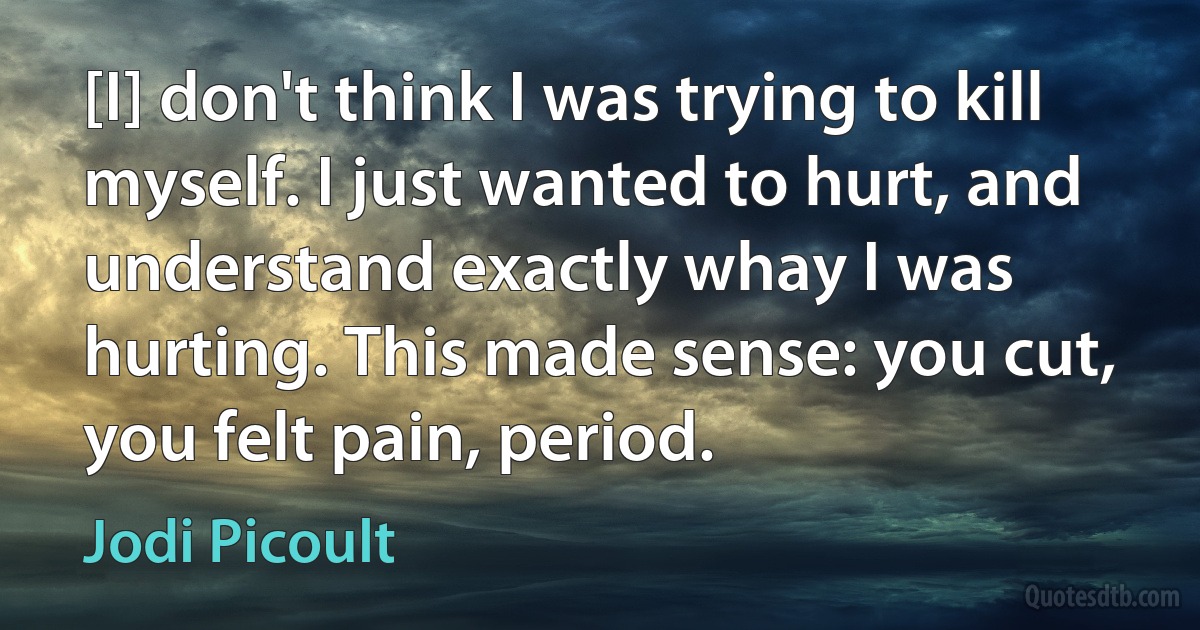 [I] don't think I was trying to kill myself. I just wanted to hurt, and understand exactly whay I was hurting. This made sense: you cut, you felt pain, period. (Jodi Picoult)