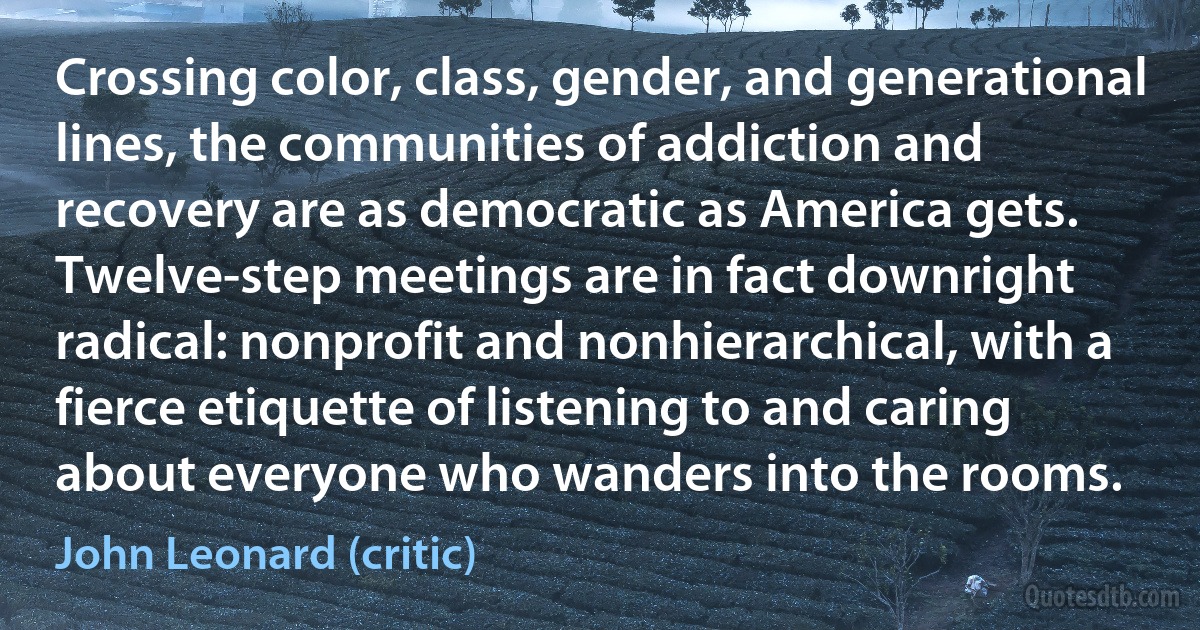 Crossing color, class, gender, and generational lines, the communities of addiction and recovery are as democratic as America gets. Twelve-step meetings are in fact downright radical: nonprofit and nonhierarchical, with a fierce etiquette of listening to and caring about everyone who wanders into the rooms. (John Leonard (critic))