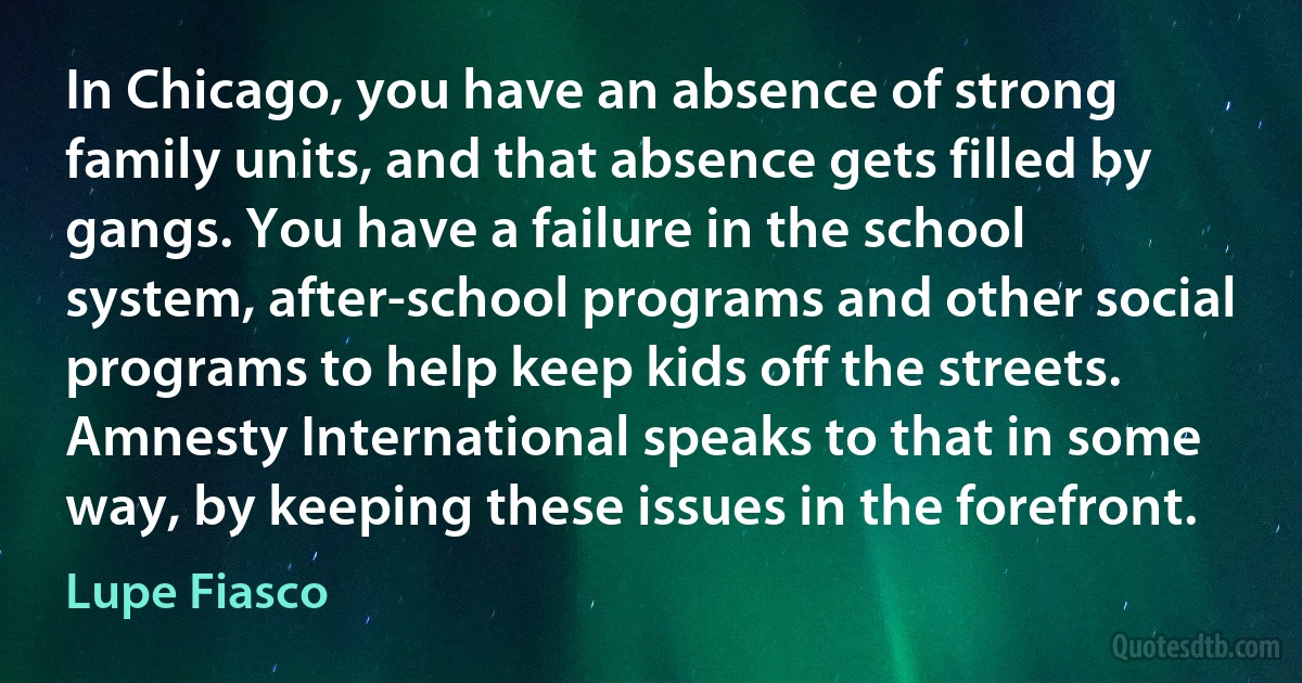 In Chicago, you have an absence of strong family units, and that absence gets filled by gangs. You have a failure in the school system, after-school programs and other social programs to help keep kids off the streets. Amnesty International speaks to that in some way, by keeping these issues in the forefront. (Lupe Fiasco)