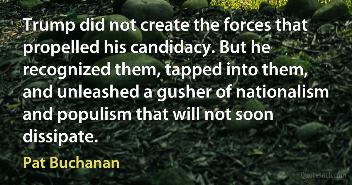 Trump did not create the forces that propelled his candidacy. But he recognized them, tapped into them, and unleashed a gusher of nationalism and populism that will not soon dissipate. (Pat Buchanan)