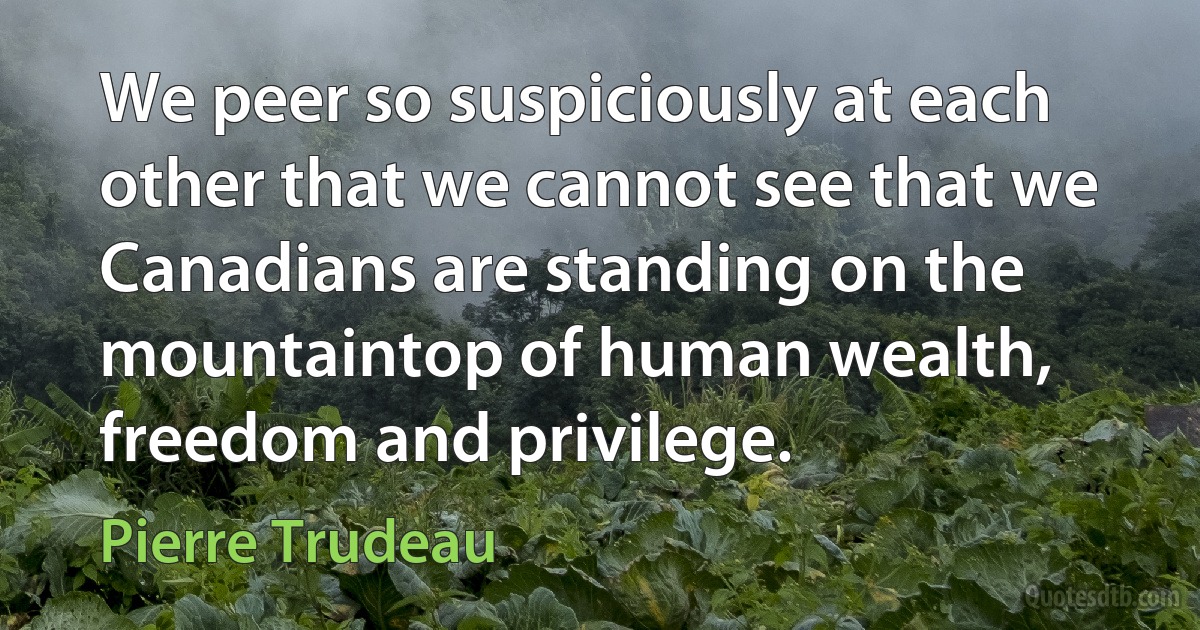 We peer so suspiciously at each other that we cannot see that we Canadians are standing on the mountaintop of human wealth, freedom and privilege. (Pierre Trudeau)