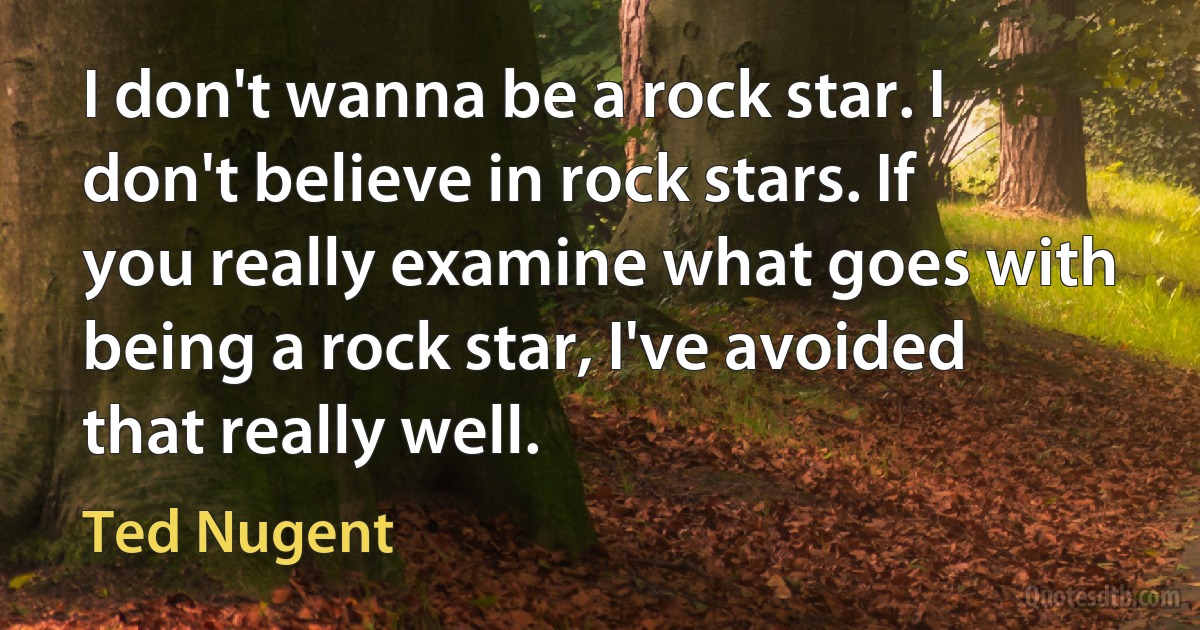 I don't wanna be a rock star. I don't believe in rock stars. If you really examine what goes with being a rock star, I've avoided that really well. (Ted Nugent)