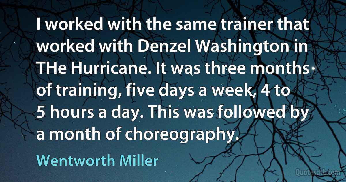 I worked with the same trainer that worked with Denzel Washington in THe Hurricane. It was three months of training, five days a week, 4 to 5 hours a day. This was followed by a month of choreography. (Wentworth Miller)