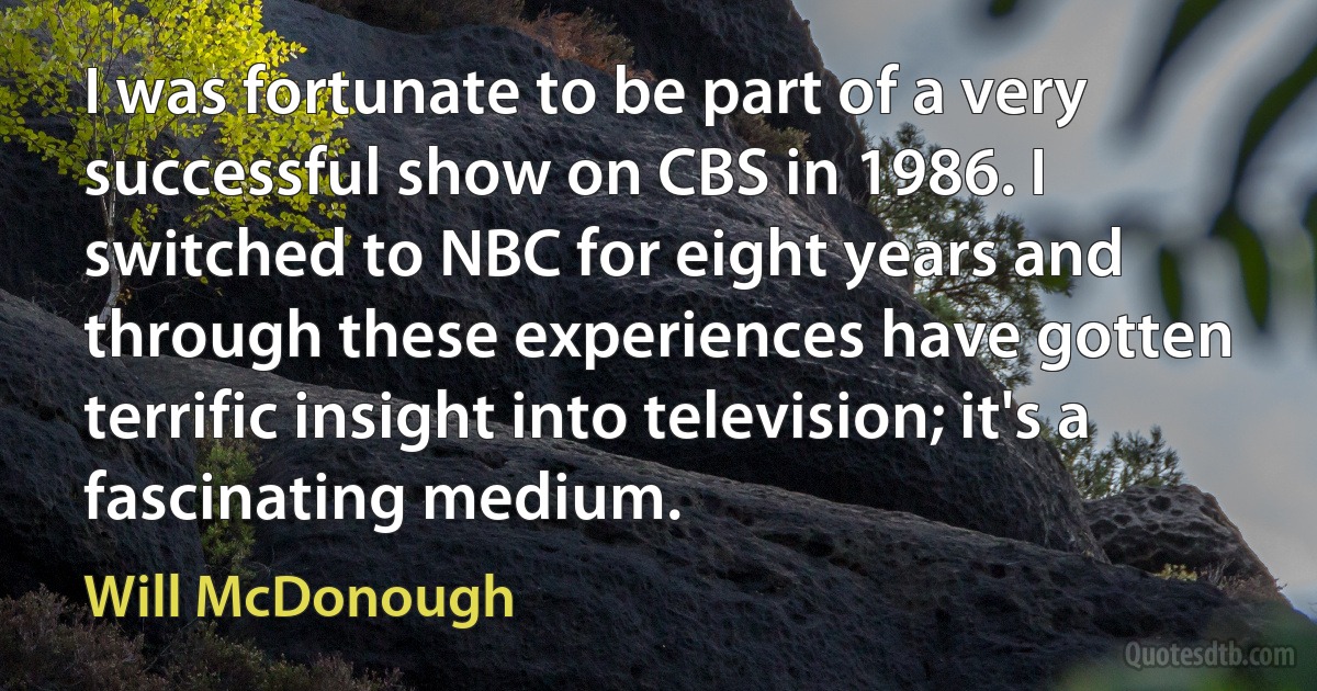 I was fortunate to be part of a very successful show on CBS in 1986. I switched to NBC for eight years and through these experiences have gotten terrific insight into television; it's a fascinating medium. (Will McDonough)