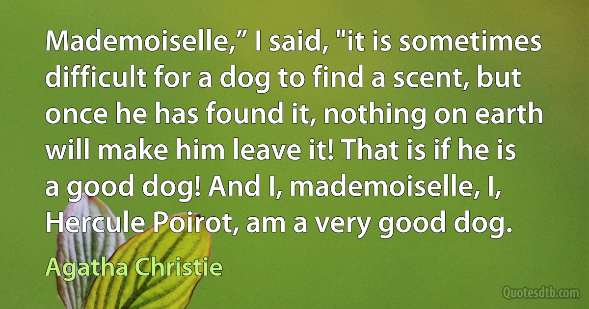 Mademoiselle,” I said, "it is sometimes difficult for a dog to find a scent, but once he has found it, nothing on earth will make him leave it! That is if he is a good dog! And I, mademoiselle, I, Hercule Poirot, am a very good dog. (Agatha Christie)