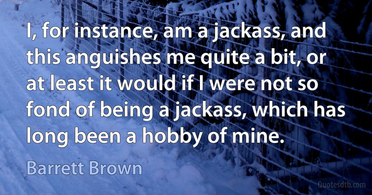 I, for instance, am a jackass, and this anguishes me quite a bit, or at least it would if I were not so fond of being a jackass, which has long been a hobby of mine. (Barrett Brown)