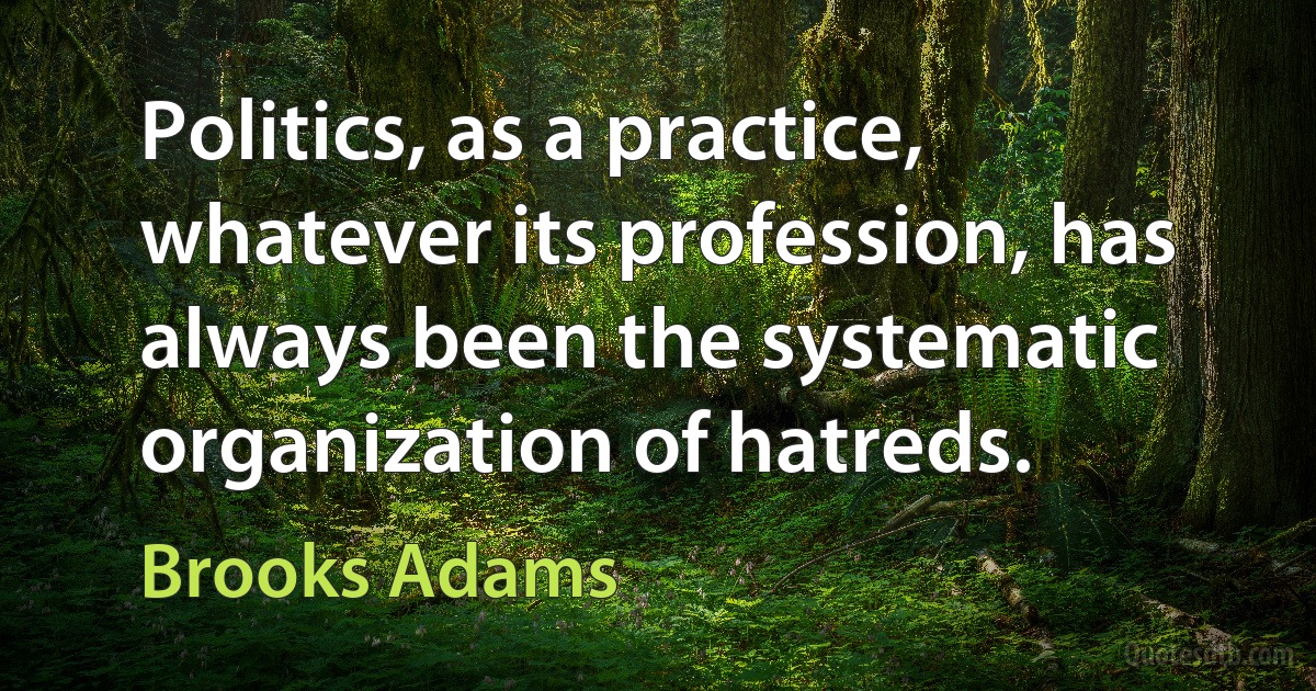 Politics, as a practice, whatever its profession, has always been the systematic organization of hatreds. (Brooks Adams)