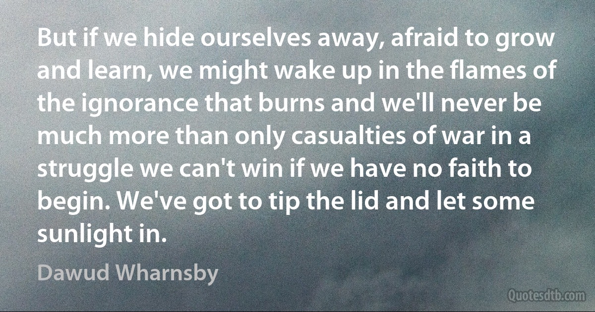 But if we hide ourselves away, afraid to grow and learn, we might wake up in the flames of the ignorance that burns and we'll never be much more than only casualties of war in a struggle we can't win if we have no faith to begin. We've got to tip the lid and let some sunlight in. (Dawud Wharnsby)