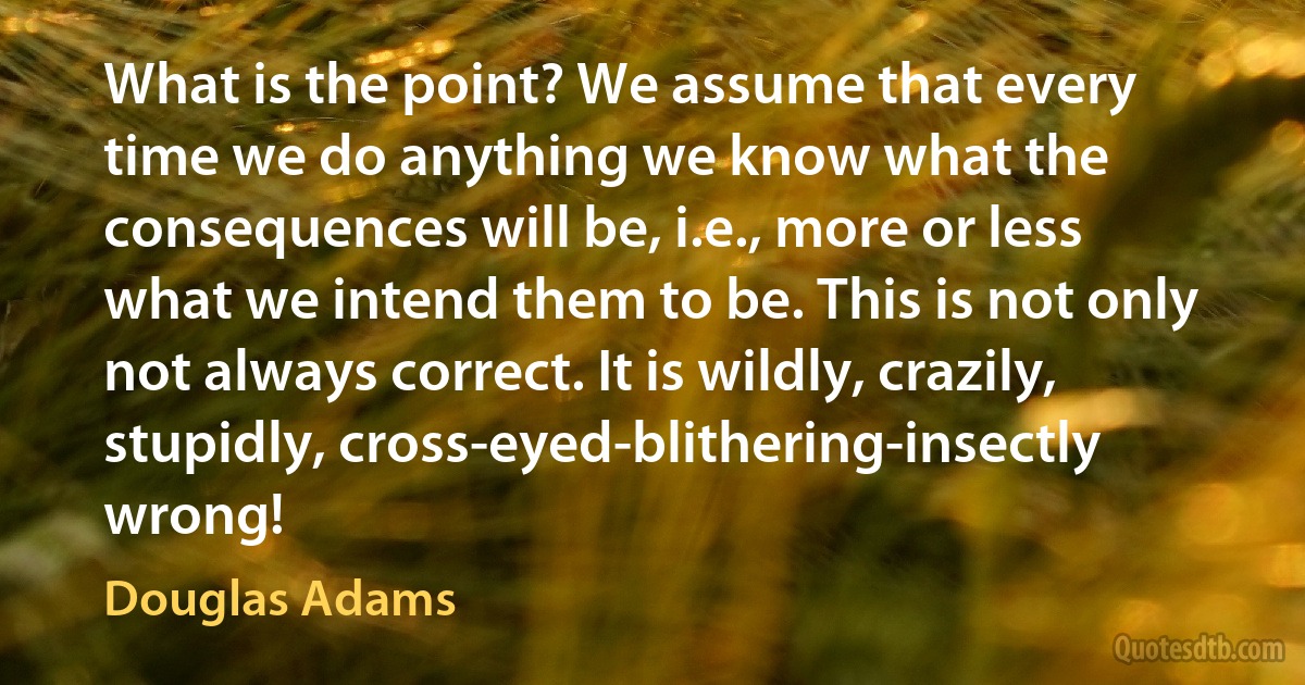 What is the point? We assume that every time we do anything we know what the consequences will be, i.e., more or less what we intend them to be. This is not only not always correct. It is wildly, crazily, stupidly, cross-eyed-blithering-insectly wrong! (Douglas Adams)