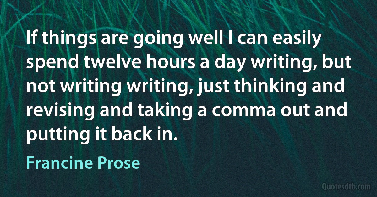 If things are going well I can easily spend twelve hours a day writing, but not writing writing, just thinking and revising and taking a comma out and putting it back in. (Francine Prose)