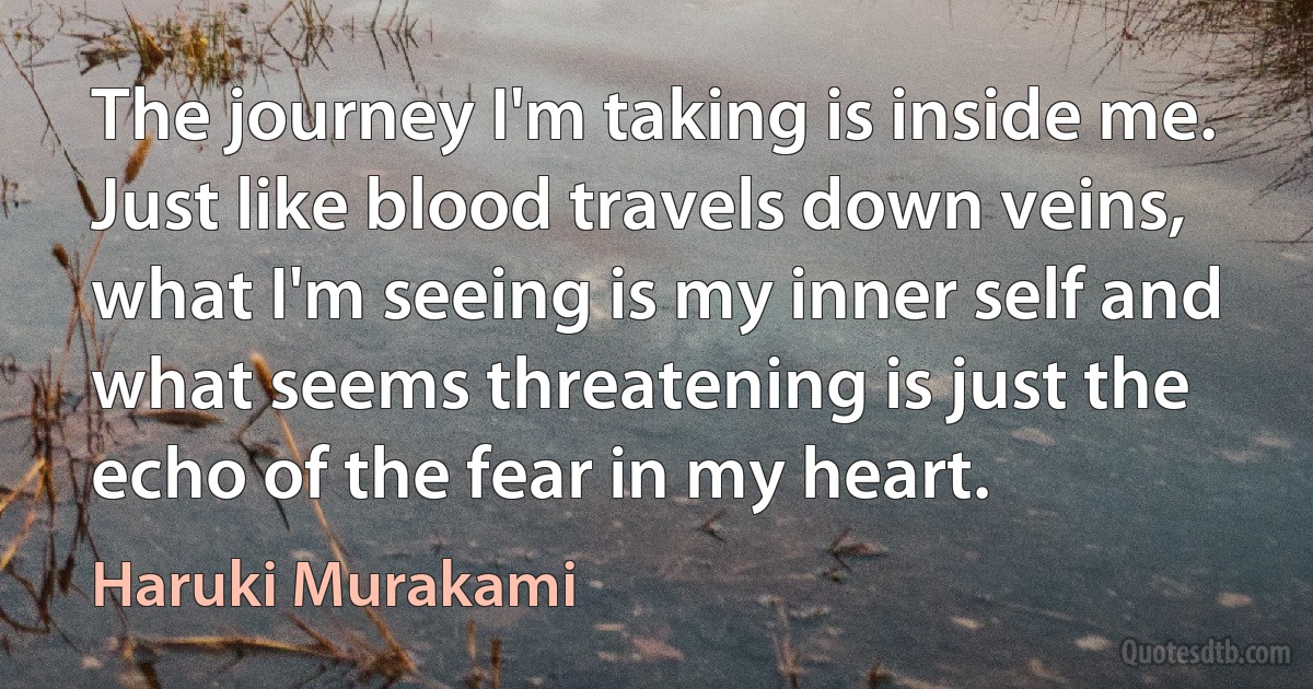 The journey I'm taking is inside me. Just like blood travels down veins, what I'm seeing is my inner self and what seems threatening is just the echo of the fear in my heart. (Haruki Murakami)