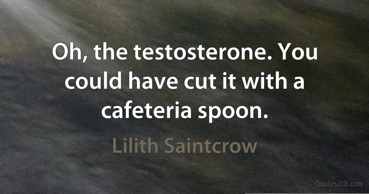 Oh, the testosterone. You could have cut it with a cafeteria spoon. (Lilith Saintcrow)