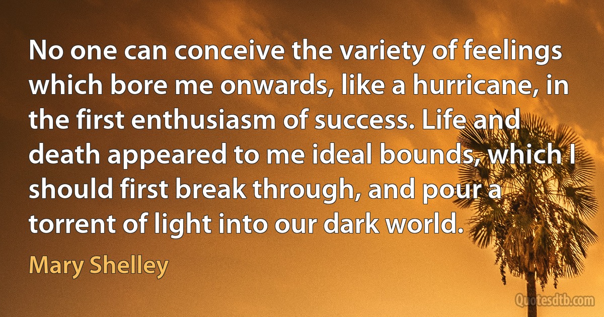 No one can conceive the variety of feelings which bore me onwards, like a hurricane, in the first enthusiasm of success. Life and death appeared to me ideal bounds, which I should first break through, and pour a torrent of light into our dark world. (Mary Shelley)