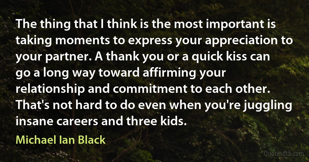 The thing that I think is the most important is taking moments to express your appreciation to your partner. A thank you or a quick kiss can go a long way toward affirming your relationship and commitment to each other. That's not hard to do even when you're juggling insane careers and three kids. (Michael Ian Black)