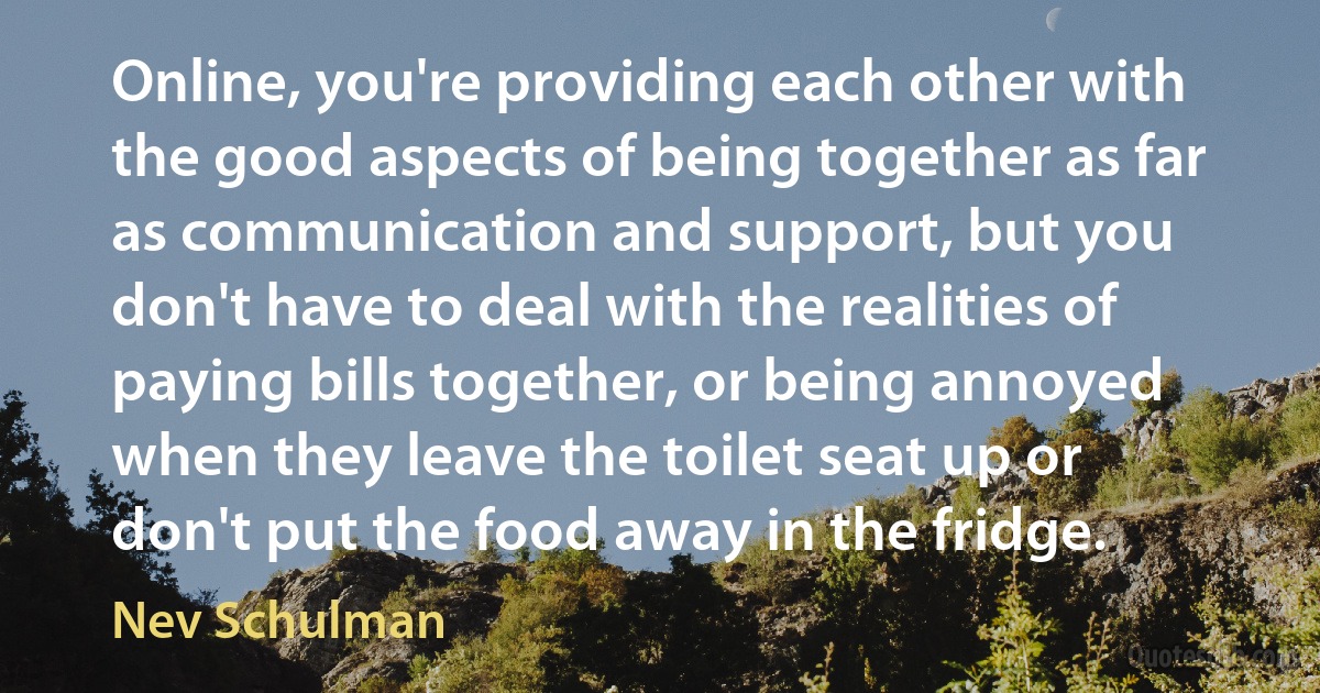 Online, you're providing each other with the good aspects of being together as far as communication and support, but you don't have to deal with the realities of paying bills together, or being annoyed when they leave the toilet seat up or don't put the food away in the fridge. (Nev Schulman)