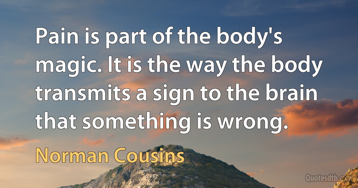 Pain is part of the body's magic. It is the way the body transmits a sign to the brain that something is wrong. (Norman Cousins)