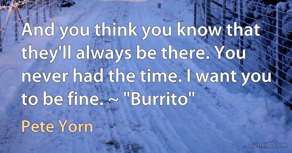 And you think you know that they'll always be there. You never had the time. I want you to be fine. ~ "Burrito" (Pete Yorn)