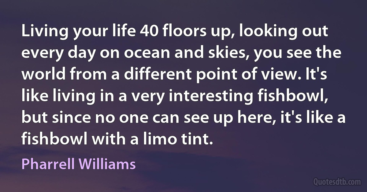 Living your life 40 floors up, looking out every day on ocean and skies, you see the world from a different point of view. It's like living in a very interesting fishbowl, but since no one can see up here, it's like a fishbowl with a limo tint. (Pharrell Williams)