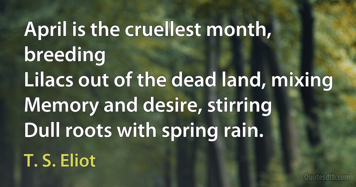 April is the cruellest month, breeding
Lilacs out of the dead land, mixing
Memory and desire, stirring
Dull roots with spring rain. (T. S. Eliot)