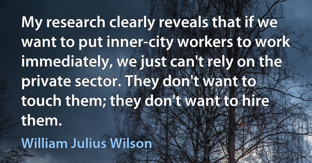 My research clearly reveals that if we want to put inner-city workers to work immediately, we just can't rely on the private sector. They don't want to touch them; they don't want to hire them. (William Julius Wilson)