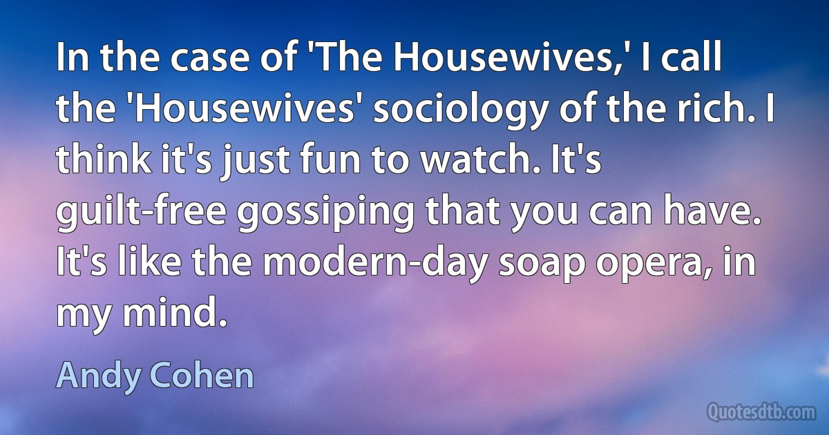 In the case of 'The Housewives,' I call the 'Housewives' sociology of the rich. I think it's just fun to watch. It's guilt-free gossiping that you can have. It's like the modern-day soap opera, in my mind. (Andy Cohen)