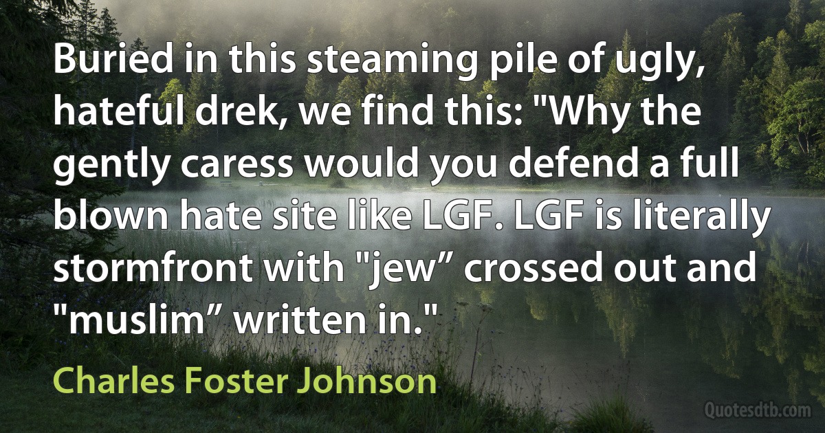 Buried in this steaming pile of ugly, hateful drek, we find this: "Why the gently caress would you defend a full blown hate site like LGF. LGF is literally stormfront with "jew” crossed out and "muslim” written in." (Charles Foster Johnson)