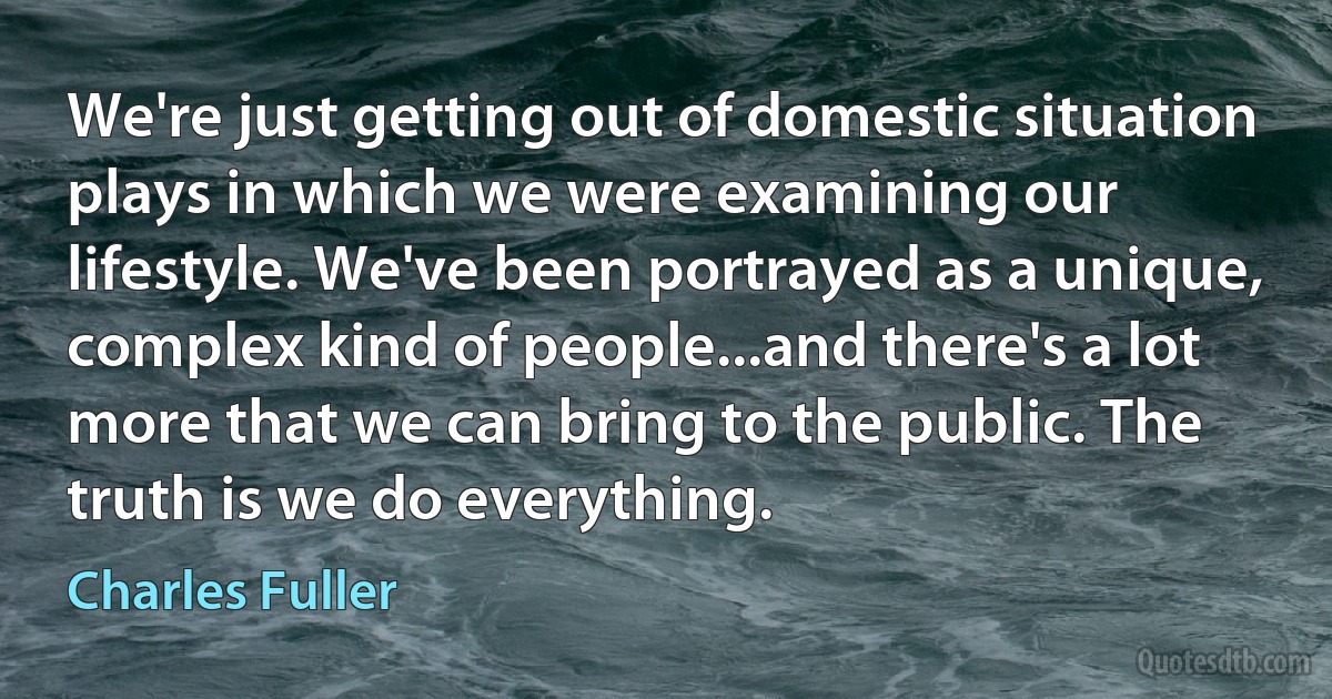 We're just getting out of domestic situation plays in which we were examining our lifestyle. We've been portrayed as a unique, complex kind of people...and there's a lot more that we can bring to the public. The truth is we do everything. (Charles Fuller)