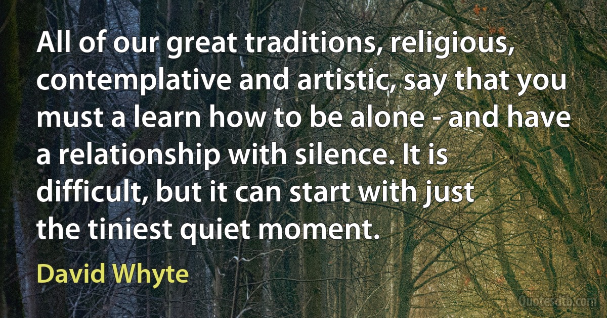 All of our great traditions, religious, contemplative and artistic, say that you must a learn how to be alone - and have a relationship with silence. It is difficult, but it can start with just the tiniest quiet moment. (David Whyte)