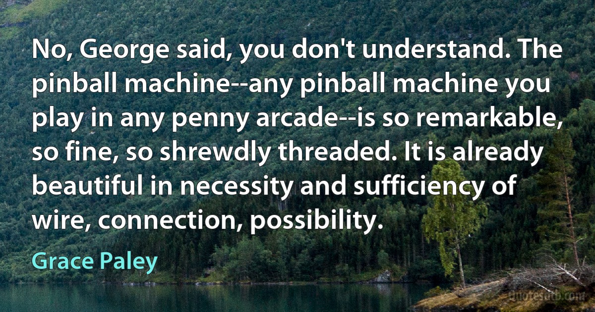 No, George said, you don't understand. The pinball machine--any pinball machine you play in any penny arcade--is so remarkable, so fine, so shrewdly threaded. It is already beautiful in necessity and sufficiency of wire, connection, possibility. (Grace Paley)