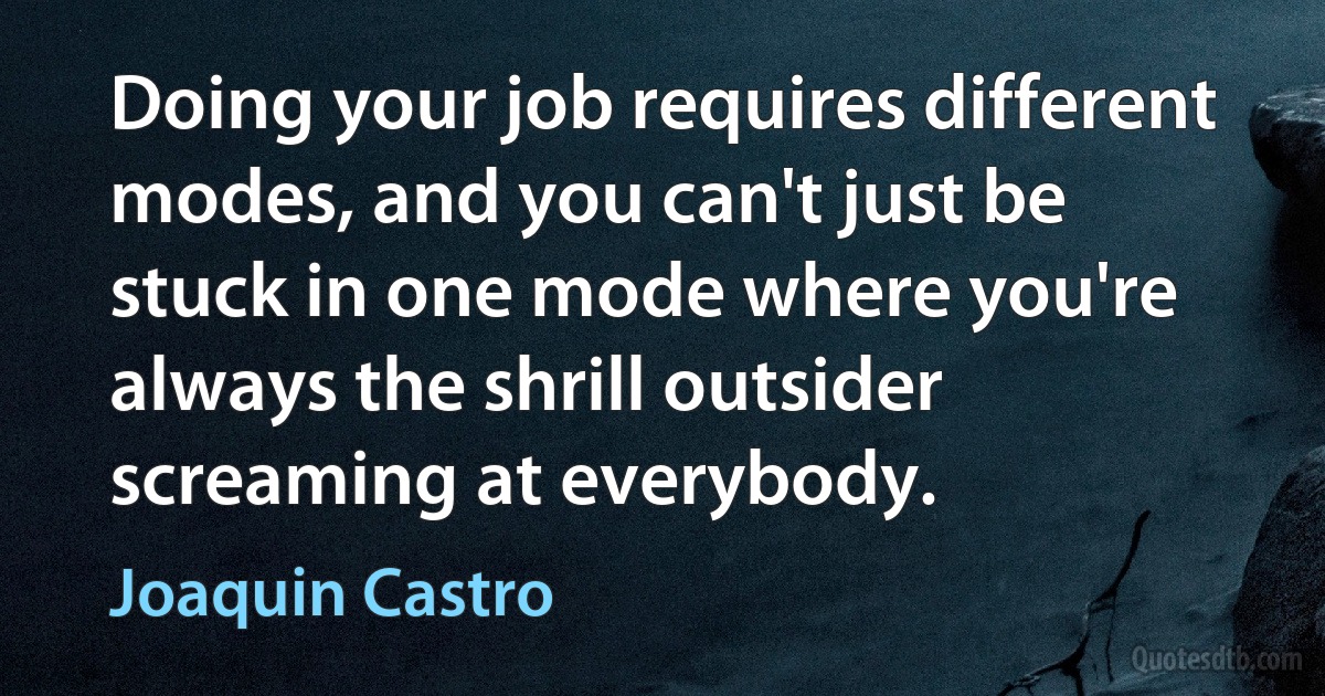 Doing your job requires different modes, and you can't just be stuck in one mode where you're always the shrill outsider screaming at everybody. (Joaquin Castro)