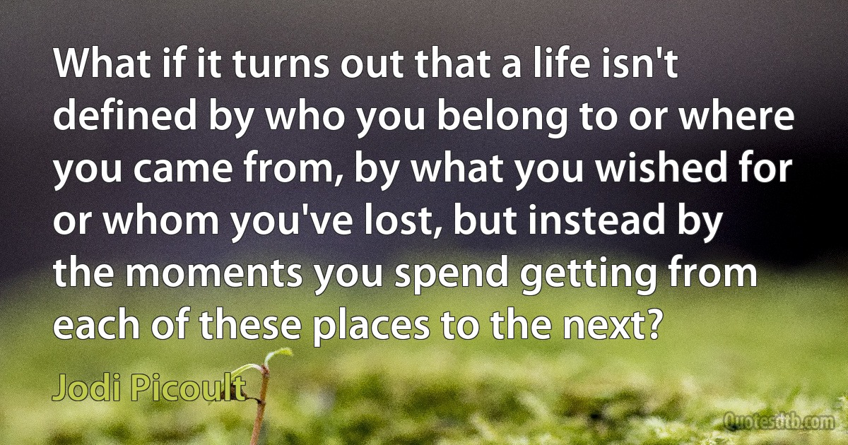 What if it turns out that a life isn't defined by who you belong to or where you came from, by what you wished for or whom you've lost, but instead by the moments you spend getting from each of these places to the next? (Jodi Picoult)