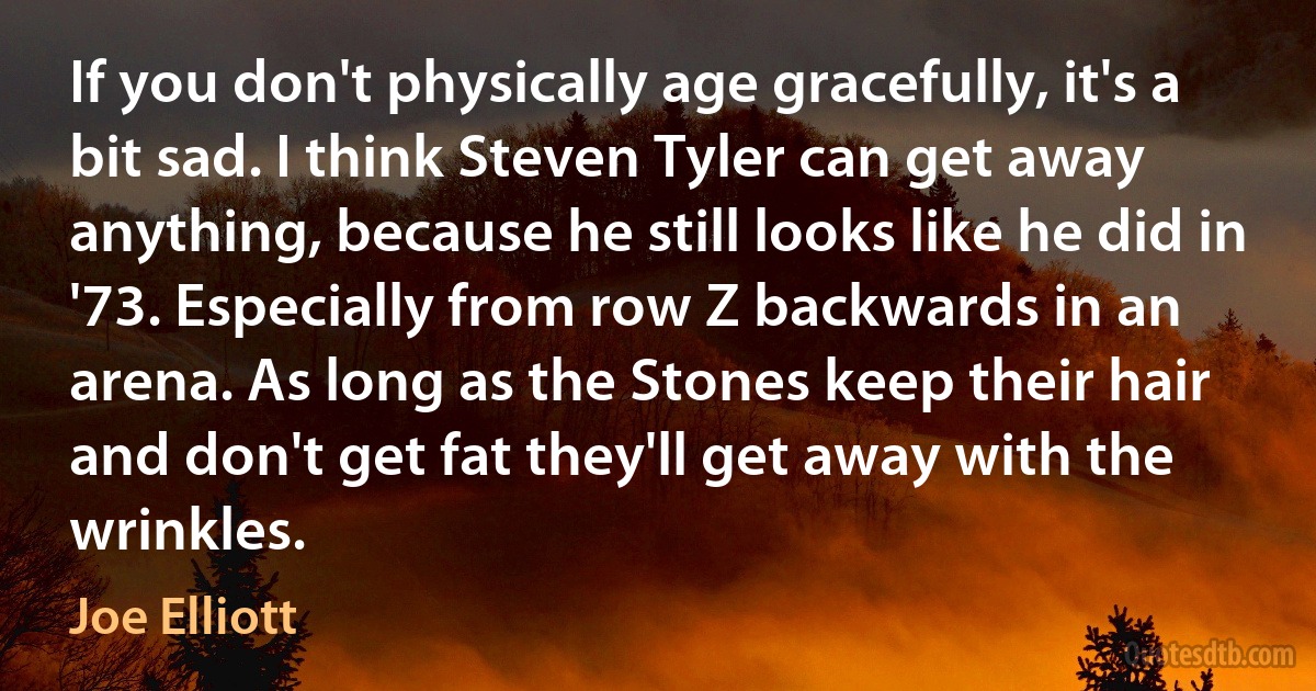 If you don't physically age gracefully, it's a bit sad. I think Steven Tyler can get away anything, because he still looks like he did in '73. Especially from row Z backwards in an arena. As long as the Stones keep their hair and don't get fat they'll get away with the wrinkles. (Joe Elliott)