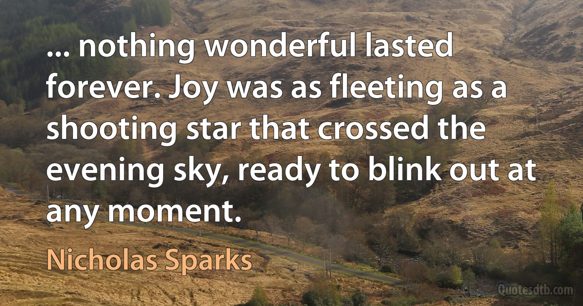 ... nothing wonderful lasted forever. Joy was as fleeting as a shooting star that crossed the evening sky, ready to blink out at any moment. (Nicholas Sparks)