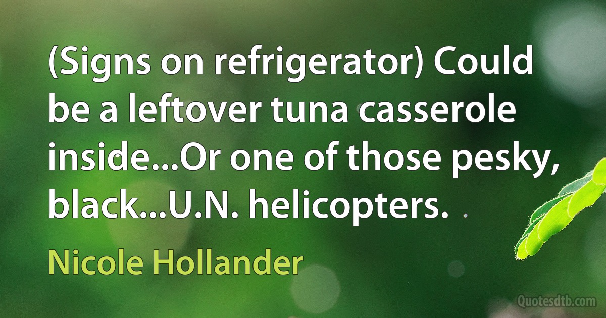 (Signs on refrigerator) Could be a leftover tuna casserole inside...Or one of those pesky, black...U.N. helicopters. (Nicole Hollander)