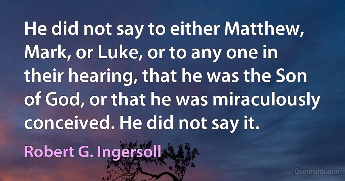 He did not say to either Matthew, Mark, or Luke, or to any one in their hearing, that he was the Son of God, or that he was miraculously conceived. He did not say it. (Robert G. Ingersoll)