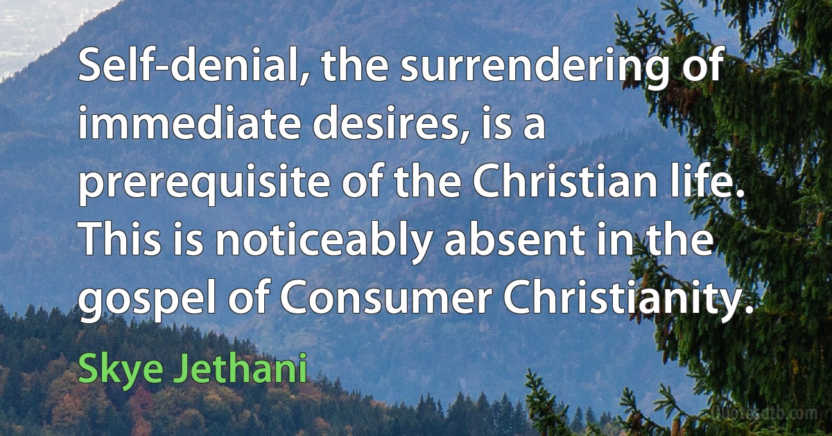 Self-denial, the surrendering of immediate desires, is a prerequisite of the Christian life. This is noticeably absent in the gospel of Consumer Christianity. (Skye Jethani)