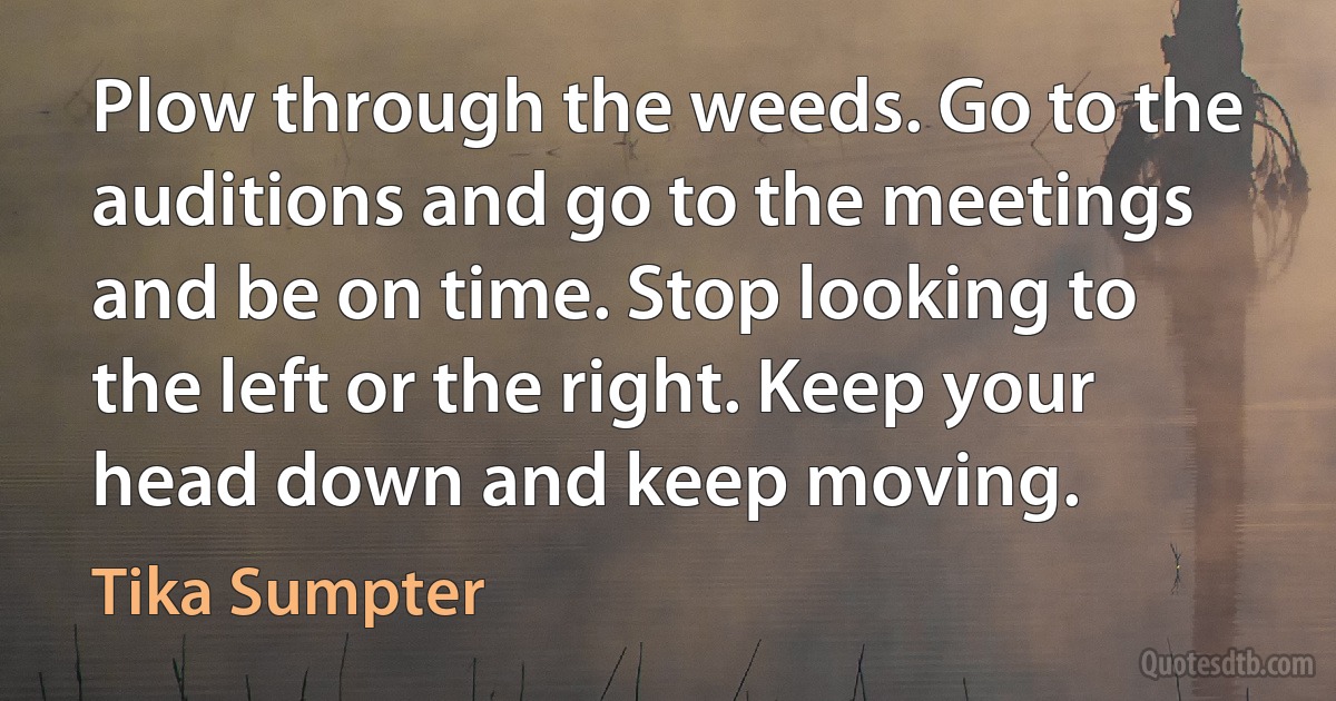 Plow through the weeds. Go to the auditions and go to the meetings and be on time. Stop looking to the left or the right. Keep your head down and keep moving. (Tika Sumpter)