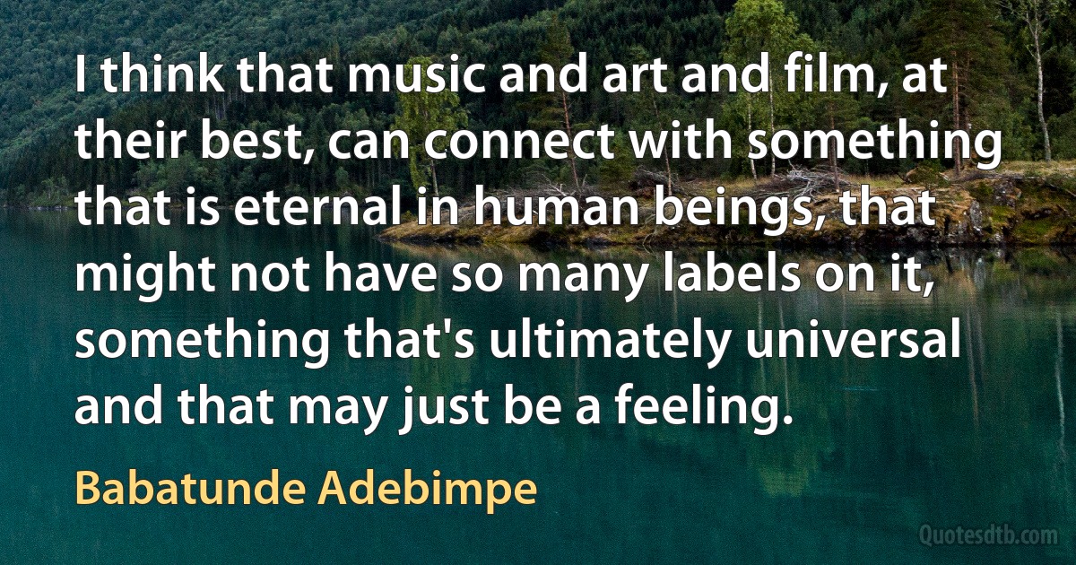 I think that music and art and film, at their best, can connect with something that is eternal in human beings, that might not have so many labels on it, something that's ultimately universal and that may just be a feeling. (Babatunde Adebimpe)