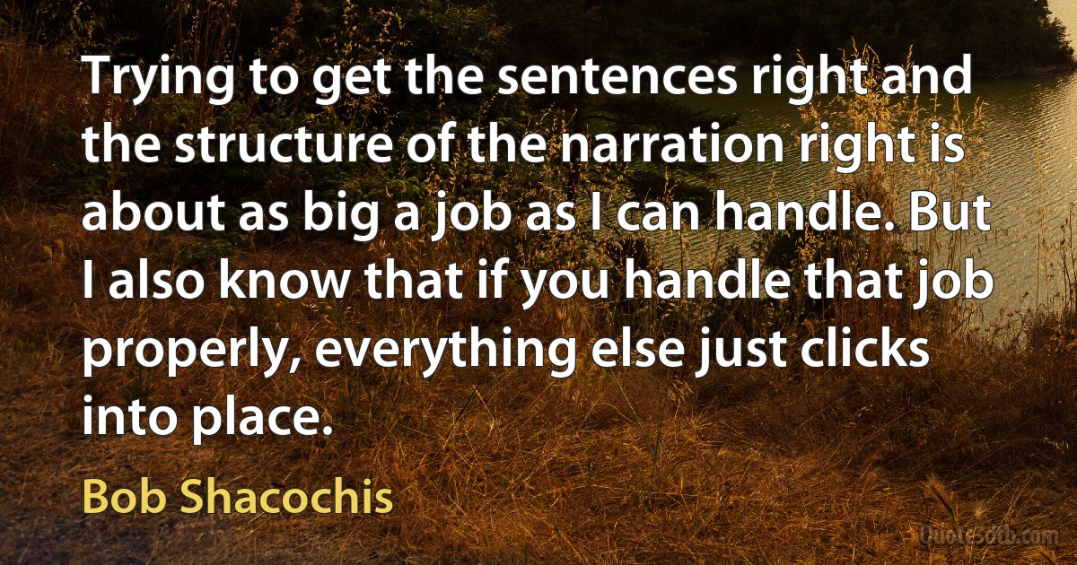 Trying to get the sentences right and the structure of the narration right is about as big a job as I can handle. But I also know that if you handle that job properly, everything else just clicks into place. (Bob Shacochis)