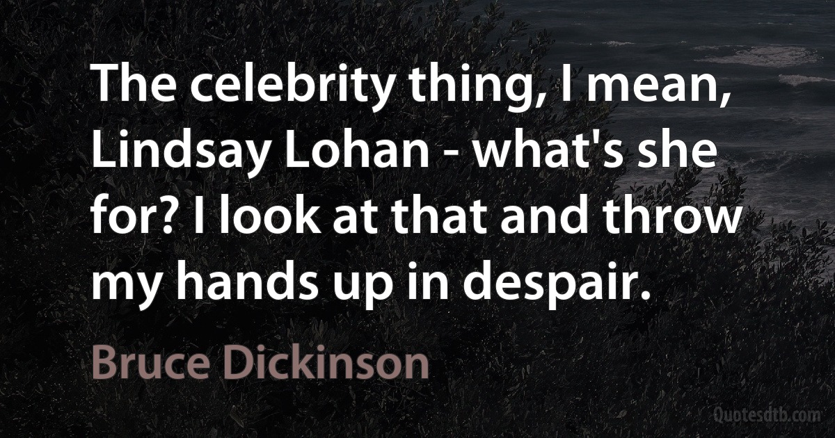 The celebrity thing, I mean, Lindsay Lohan - what's she for? I look at that and throw my hands up in despair. (Bruce Dickinson)