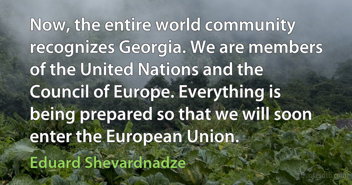 Now, the entire world community recognizes Georgia. We are members of the United Nations and the Council of Europe. Everything is being prepared so that we will soon enter the European Union. (Eduard Shevardnadze)