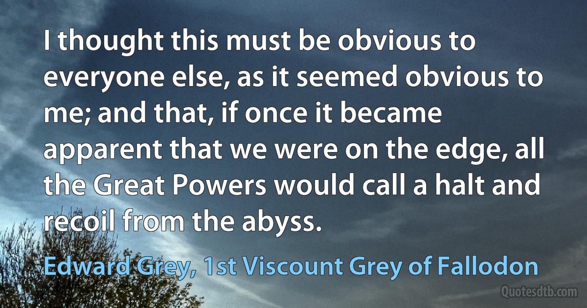 I thought this must be obvious to everyone else, as it seemed obvious to me; and that, if once it became apparent that we were on the edge, all the Great Powers would call a halt and recoil from the abyss. (Edward Grey, 1st Viscount Grey of Fallodon)