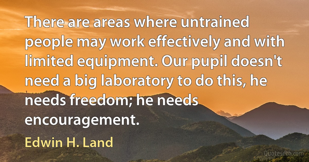 There are areas where untrained people may work effectively and with limited equipment. Our pupil doesn't need a big laboratory to do this, he needs freedom; he needs encouragement. (Edwin H. Land)