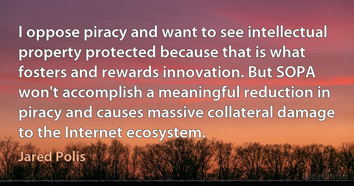 I oppose piracy and want to see intellectual property protected because that is what fosters and rewards innovation. But SOPA won't accomplish a meaningful reduction in piracy and causes massive collateral damage to the Internet ecosystem. (Jared Polis)