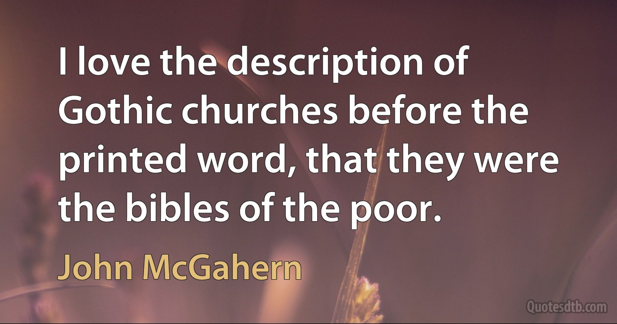 I love the description of Gothic churches before the printed word, that they were the bibles of the poor. (John McGahern)