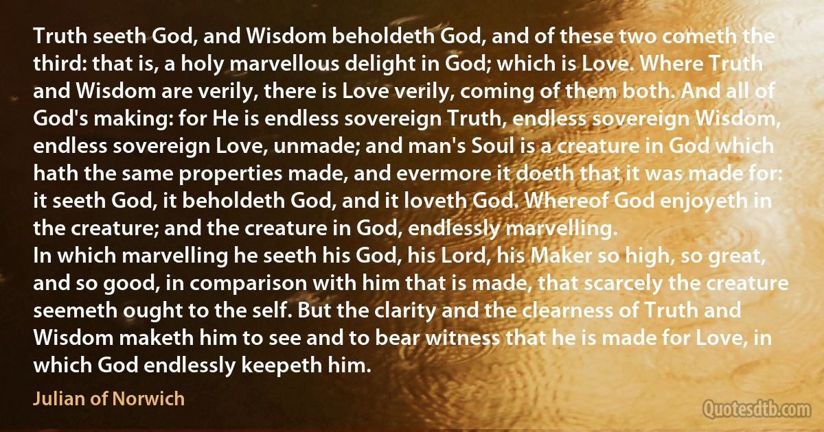 Truth seeth God, and Wisdom beholdeth God, and of these two cometh the third: that is, a holy marvellous delight in God; which is Love. Where Truth and Wisdom are verily, there is Love verily, coming of them both. And all of God's making: for He is endless sovereign Truth, endless sovereign Wisdom, endless sovereign Love, unmade; and man's Soul is a creature in God which hath the same properties made, and evermore it doeth that it was made for: it seeth God, it beholdeth God, and it loveth God. Whereof God enjoyeth in the creature; and the creature in God, endlessly marvelling.
In which marvelling he seeth his God, his Lord, his Maker so high, so great, and so good, in comparison with him that is made, that scarcely the creature seemeth ought to the self. But the clarity and the clearness of Truth and Wisdom maketh him to see and to bear witness that he is made for Love, in which God endlessly keepeth him. (Julian of Norwich)