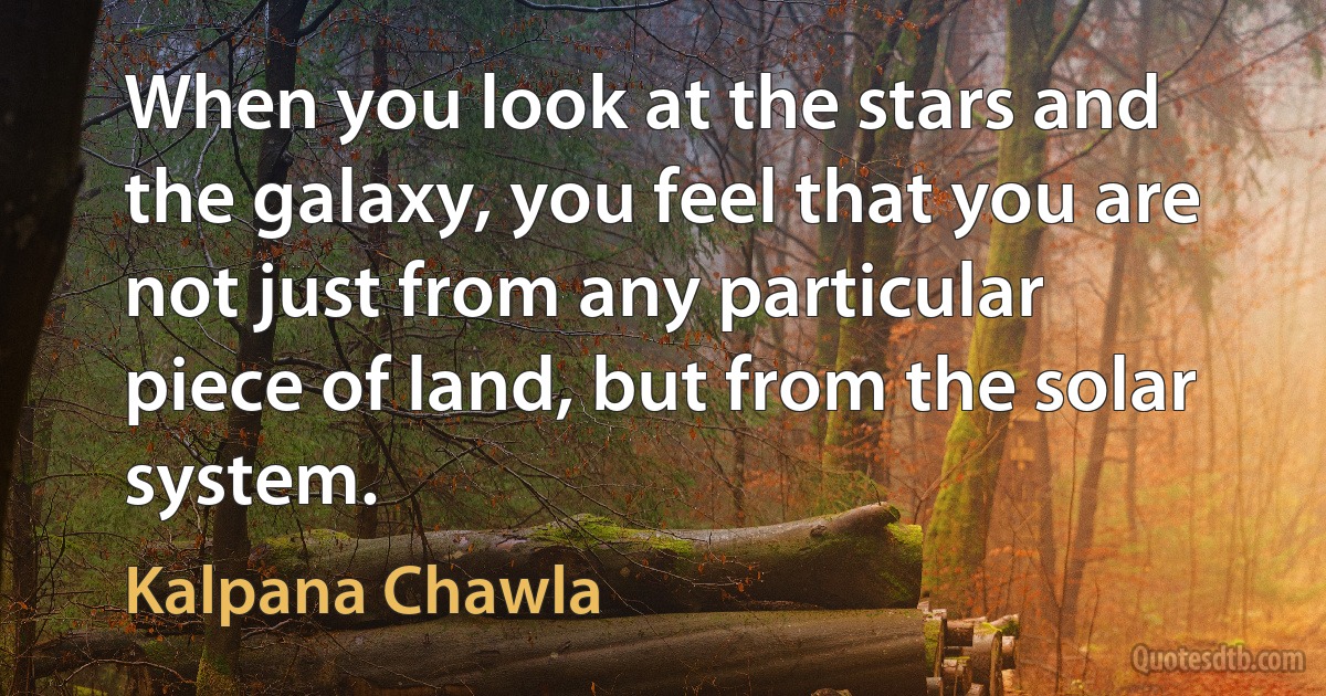 When you look at the stars and the galaxy, you feel that you are not just from any particular piece of land, but from the solar system. (Kalpana Chawla)